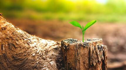 New Life concept  with seedling growing sprout from old trees. Symbol of new beginning or business development symbolic. - obrazy, fototapety, plakaty