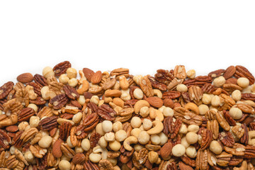 Mix of nuts isolated on white background. Top view.