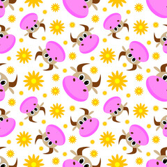 Cute cartoon cows and flowers seamless pattern. Vector illustration.
