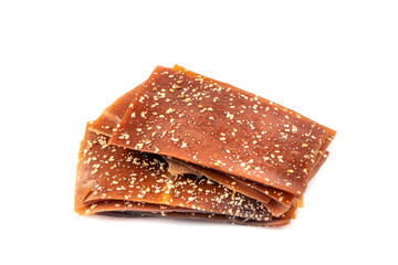 Turkish Pestil / Dried Fruit Pulp with Sesame. Mulberry pulp (pestil) with dried mulberries. Dried Fruit Pulp Mulberry. Turkish style dried fruit pulp as snack food.