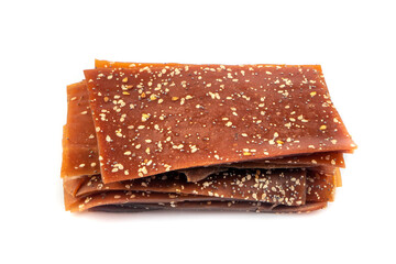 Turkish Pestil / Dried Fruit Pulp with Sesame. Mulberry pulp (pestil) with dried mulberries. Dried Fruit Pulp Mulberry. Turkish style dried fruit pulp as snack food.