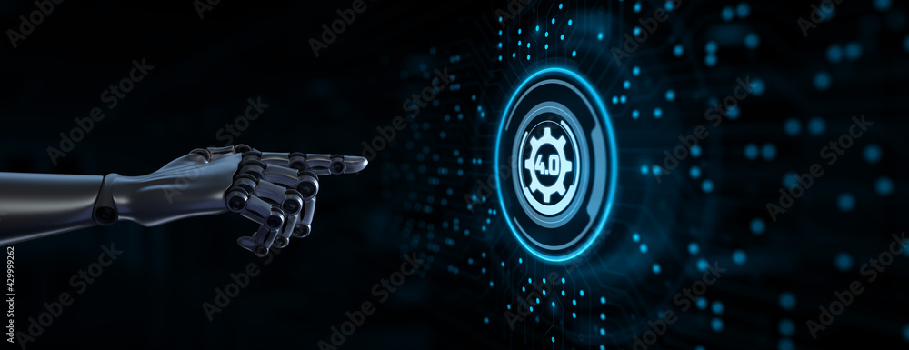 Poster industry 4.0 smart manufacturing lean business innovation technology concept. robot hand pressing bu