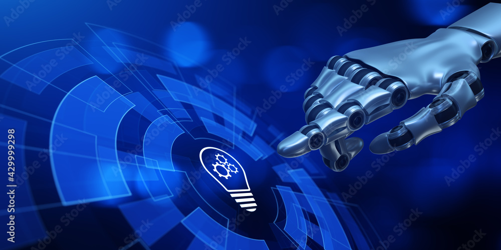Poster innovation technology concept. robot hand pressing button 3d render