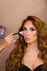 Obraz premium Makeup preparation process. Professional Makeup artist works with brush on model face in beauty studio. Backstage. Applying cheek colors to the skin.