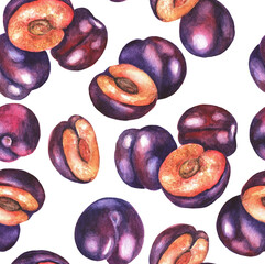 A set of plums. Seamless pattern. Watercolor