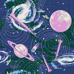 seamless space, moon, planets vector print design