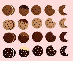 Obraz premium Vector of cookies of different flavors with chocolate chips, in different shapes and with bites