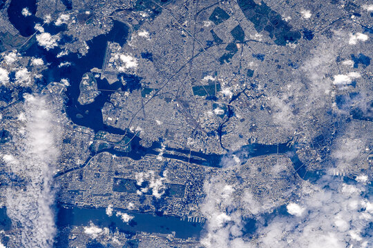 New York city seen from space. Digital Enhancement. Elements of this image furnished by NASA