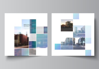 Vector layout of two square format covers templates for brochure, flyer, magazine, cover design, book design, brochure cover. Abstract design project in geometric style with blue squares.