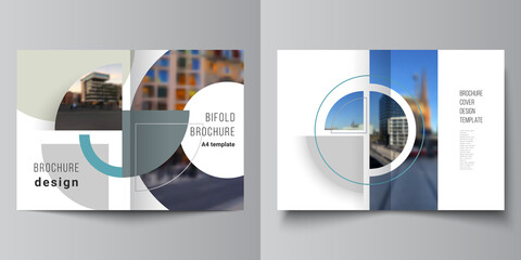 Vector layout of two A4 cover mockups design template for bifold brochure, flyer, cover design, book, brochure cover. Background with abstract circle round banners. Corporate business concept template