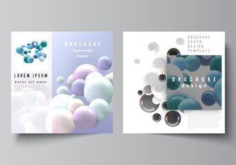 Vector layout of two square format covers templates for brochure, flyer, magazine, cover design, book design, brochure cover. Realistic vector background with multicolored 3d spheres, bubbles, balls.