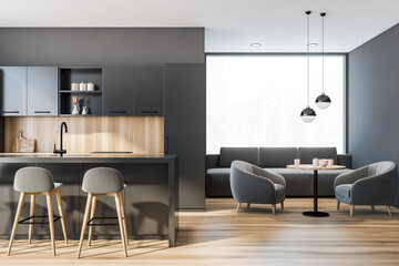 Modern kitchen interior with gray walls, a wooden floor and huge panoramic window. A bar table and small dining table with armchairs near it. 3d rendering