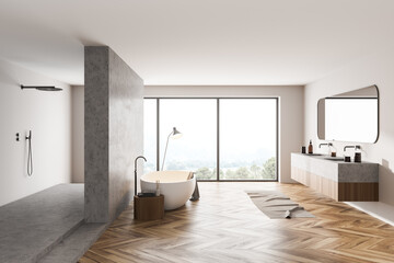 Fototapeta na wymiar Bathroom interior with bathtub, sinks and shower with window on countryside