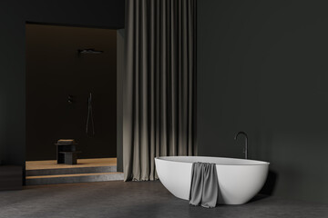 Naklejka na ściany i meble Dark bathroom interior with shover and curtain, bathtub and towel