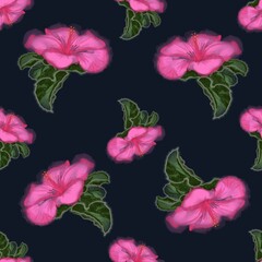 Pink hibiscus seamless floral fluid pattern 