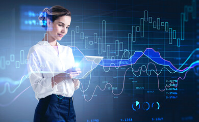 Businesswoman touch tablet in hands, graph chart with candlesticks