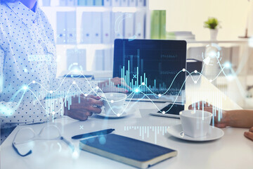 Business people hands and coffee, graph and stock market changes