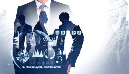 Businessman with hologram of earth globe and business partners