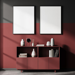 Red and grey living room interior with drawer and books, poster mock up