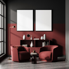 Red and grey living room interior with armchairs and drawer, posters mock up