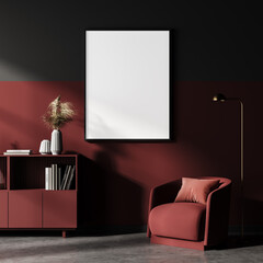 Red and grey living room interior with armchair and drawer, poster mock up