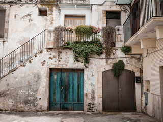 Fototapeta na wymiar Old Italian building with old doors and plants, South of Italy, Puglia