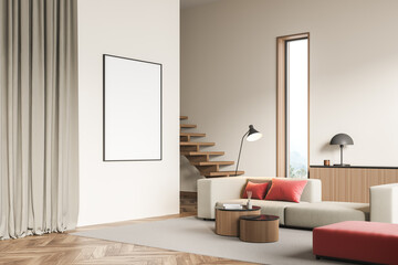 Modern Living Room Interior with frame, beige and red armchair couch and wooden table. Mock up...