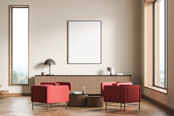 Modern Living Room Interior with frame, red armchairs and wooden table. Mock up poster art. 3d...