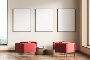Modern Living Room Interior with frame, red armchairs and wooden table. Mock up poster art. 3d...