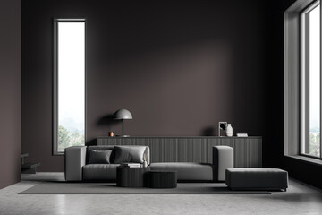 Modern Living Room Interior with empty wall, grey armchair couch and wooden table. Mock up concept. 3d rendering