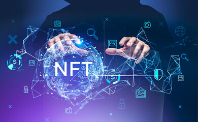Man hacker hands with blue earth globe with nft symbol and web icons