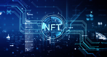 Non-fungible token hologram on virtual screen, nft with network circuit and numbers. Downtown...