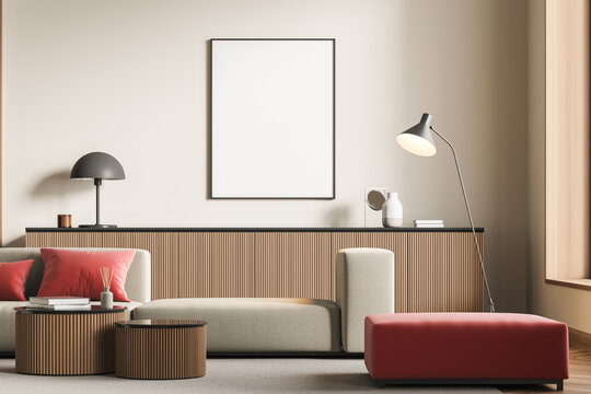 Modern Living Room Interior with frame, beige and red armchair couch and wooden table. Mock up poster art. 3d rendering