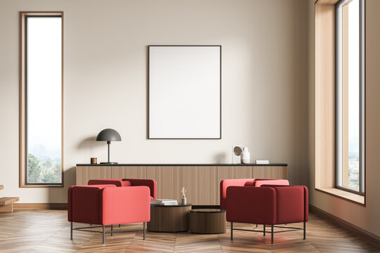 Modern Living Room Interior with frame, red armchairs and wooden table. Mock up poster art. 3d rendering
