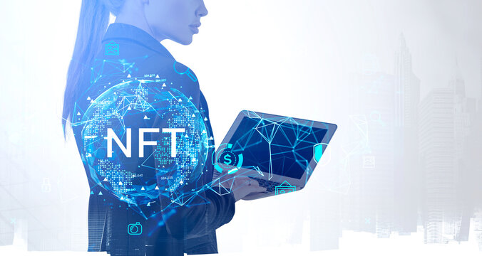 Businesswoman using laptop, earth globe with nft symbol and web icons