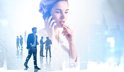 Businesswoman talking, using smartphone. Silhouettes of business partners, double exposure of...