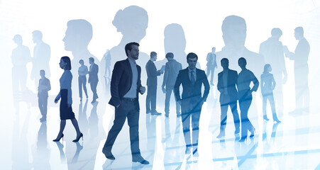 Teamwork in international company, silhouettes of business people working