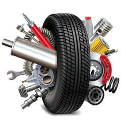 Vector Car Parts with Tire - obrazy, fototapety, plakaty