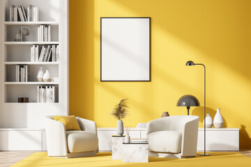 Empty frame poster mock up on living room interior wall with library and two armchairs. Concept of...