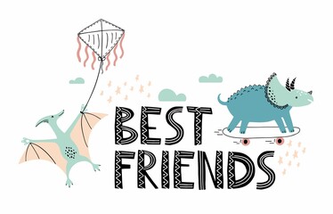 Cute dinosaurs color flat vector characters. Pterodactyl and triceratops playing together. Jurassic reptiles with lettering Best friends.  Isolated cartoon illustration for kids poster, textile, book © Lelya Golf