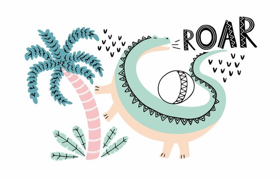 Cute dinosaur color flat vector character. Supersaurus playing with ball. Jurassic reptile with lettering Roar. Isolated cartoon illustration for kids poster, textile, book, t-shirt