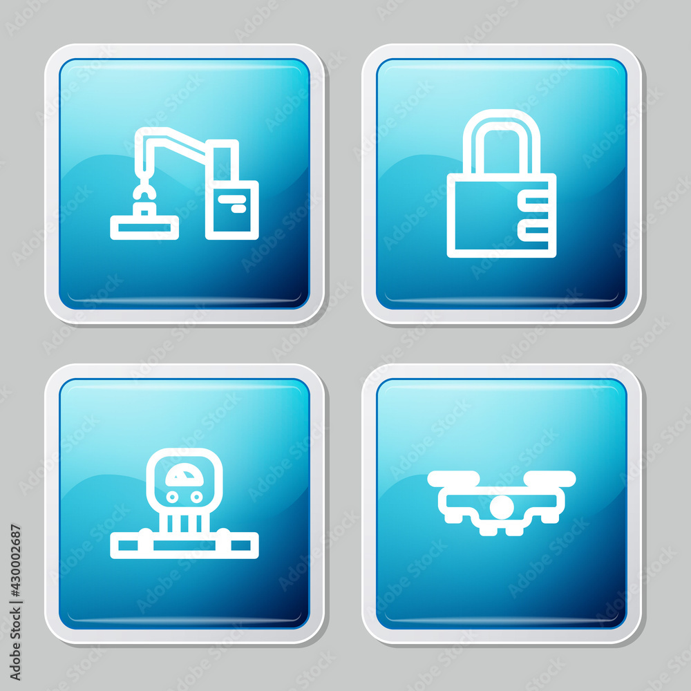 Poster set line robotic robot arm hand factory, safe combination lock, smart sensor and drone flying icon. 