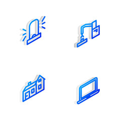 Set Isometric line Robotic robot arm hand factory, Flasher siren, House and Laptop icon. Vector