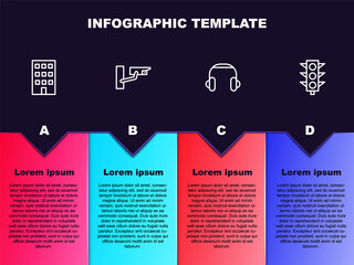 Set line House, Security camera, Headphones and Traffic light. Business infographic template. Vector