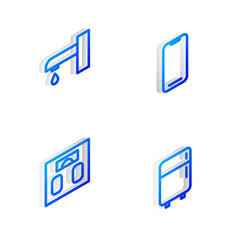 Set Isometric line Smartphone, Water tap, Bathroom scales and Refrigerator icon. Vector