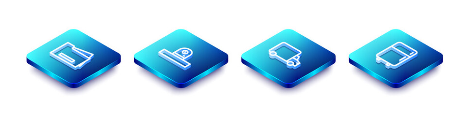 Set Isometric line Printer, Security camera, Delivery cargo truck and Refrigerator icon. Vector