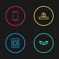 Set line Electrical outlet, Drone flying, Security camera and Smartphone icon. Vector