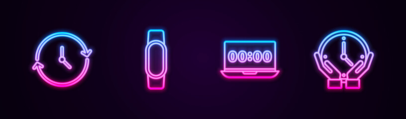 Set line Clock, Smartwatch, on laptop and . Glowing neon icon. Vector