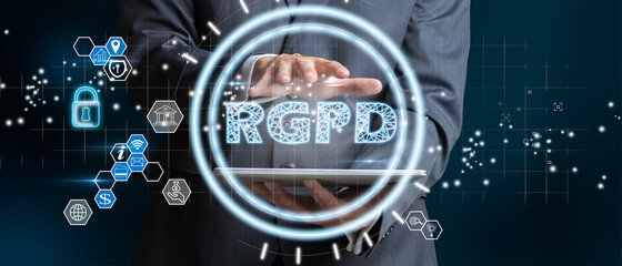 Businessman holding a GDPR hologram as a concept of protecting people's data. 3D Render