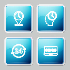 Set line Location with clock, Time Management, Clock 24 hours and laptop icon. Vector